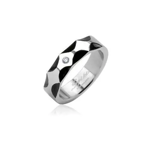 Stalowy pierścień - wzór fale, cyrkonia centralna - rozmiar: 69 Biżuteria e-shop