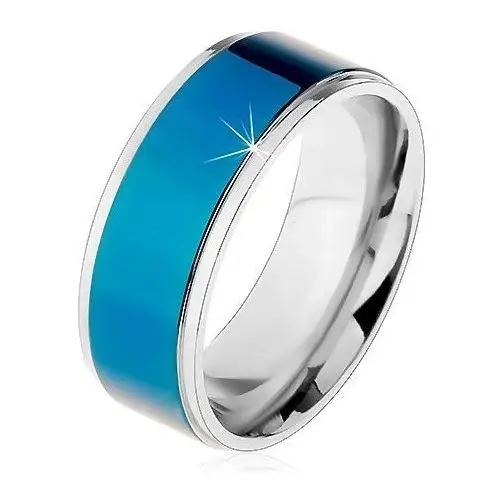 Stalowy pierścionek, ciemnoniebieski pas, oprawa srebrnego koloru, wysoki połysk, 8 mm - rozmiar: 59 Biżuteria e-shop