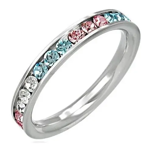 Biżuteria e-shop Stalowy pierścionek - cyrkonie w trzech kolorach - rozmiar: 49