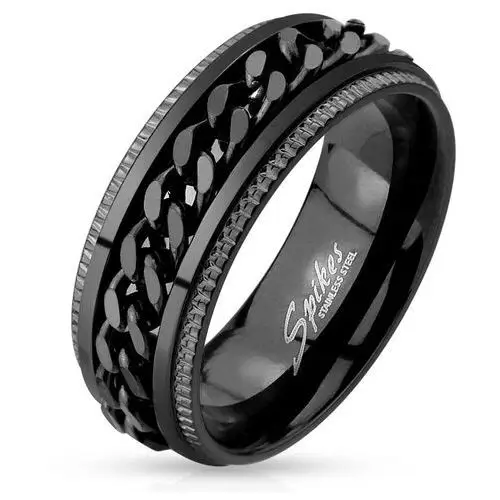 Stalowy pierścionek, czarny kolor, karbowane krawędzie, łańcuszek w środku - Rozmiar: 60, kolor czarny