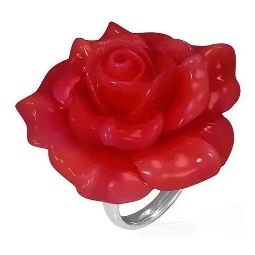 Stalowy pierścionek - czerwona rozkwitnięta róża, żywica - Rozmiar: 49, kolor różowy