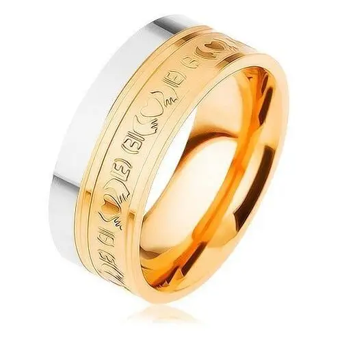 Biżuteria e-shop Stalowy pierścionek, dwukolorowy - srebrny i złoty odcień, ornamenty, 8 mm - rozmiar: 59