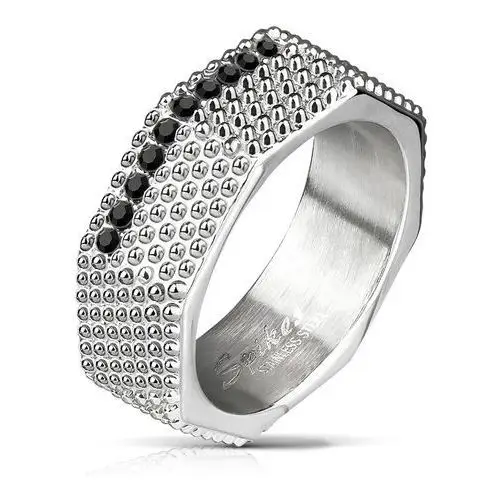 Biżuteria e-shop Stalowy pierścionek - industrialny styl, masywna śruba z wypustkami i czarnymi cyrkoniami - rozmiar: 60