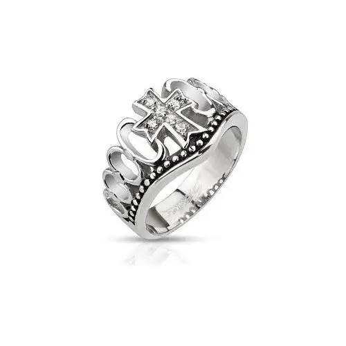 Biżuteria e-shop Stalowy pierścionek - krzyż z cyrkonii z kółkami na linii wyłożonej kropkami - rozmiar: 52
