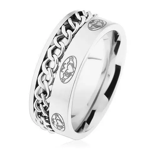 Stalowy pierścionek, łańcuszek, srebrny kolor, matowa powierzchnia, ornamenty - Rozmiar: 64, kolor szary