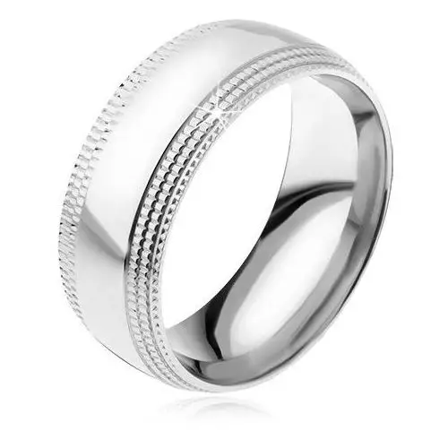 Biżuteria e-shop Stalowy pierścionek, lśniąca powierzchnia, schodkowo ścięte krawędzie z rowkami - rozmiar: 67