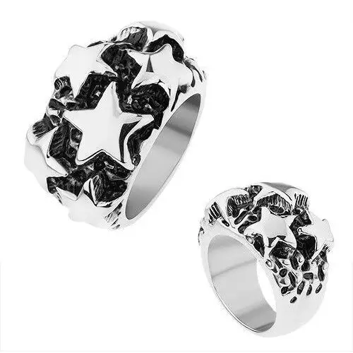 Stalowy pierścionek, lśniące wypukłe gwiazdy w srebrnym odcieniu, czarna patyna - rozmiar: 60 Biżuteria e-shop