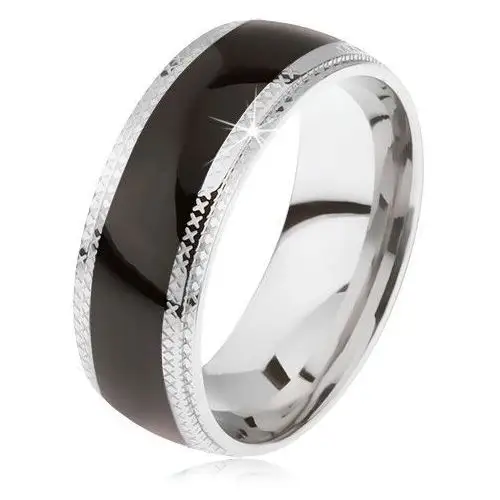 Biżuteria e-shop Stalowy pierścionek, lśniący czarny środkowy pas, krawędzie z rowkami - rozmiar: 59