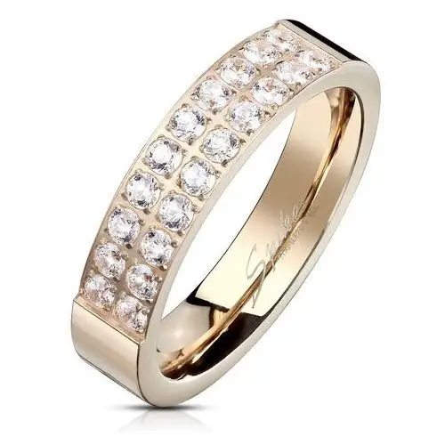 Biżuteria e-shop Stalowy pierścionek miedzianego koloru, linie bezbarwnych cyrkonii, lśniąca powierzchnia, 5 mm - rozmiar: 55