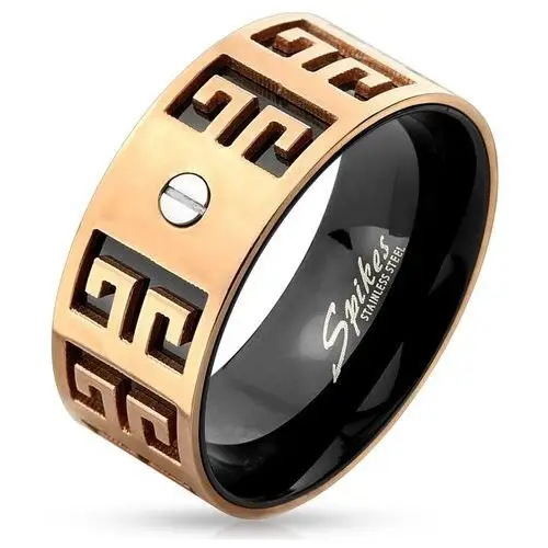 Stalowy pierścionek - miedziano-czarna kombinacja, wyryte symbole, mała śrubka, 9 mm - Rozmiar: 65, M07.19