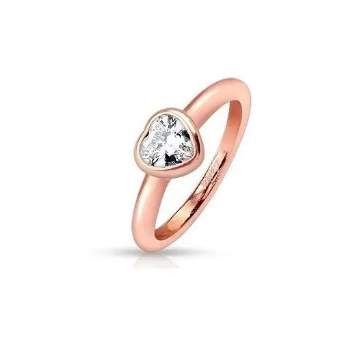 Biżuteria e-shop Stalowy pierścionek, miedziany odcień, zaokrąglone ramiona, przezroczyste cyrkoniowe serce - rozmiar: 54