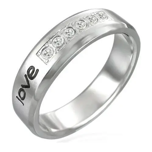 Biżuteria e-shop Stalowy pierścionek - napis "love", sześć cyrkonii - rozmiar: 52