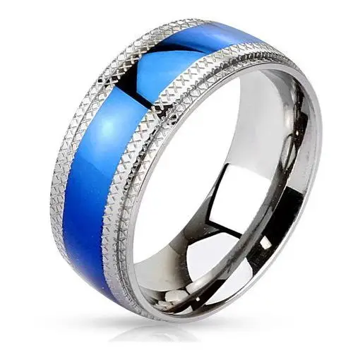 Stalowy pierścionek niebieski pas pośrodku, karbowane krawędzie - Rozmiar: 70, D10.9