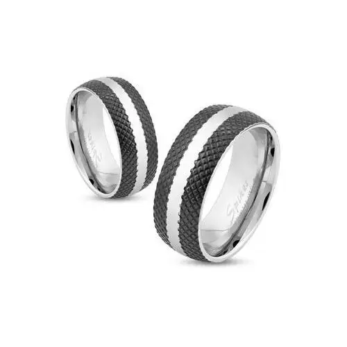 Biżuteria e-shop Stalowy pierścionek o czarnej kratkowanej powierzchni, pas srebrnego koloru, 6 mm - rozmiar: 54