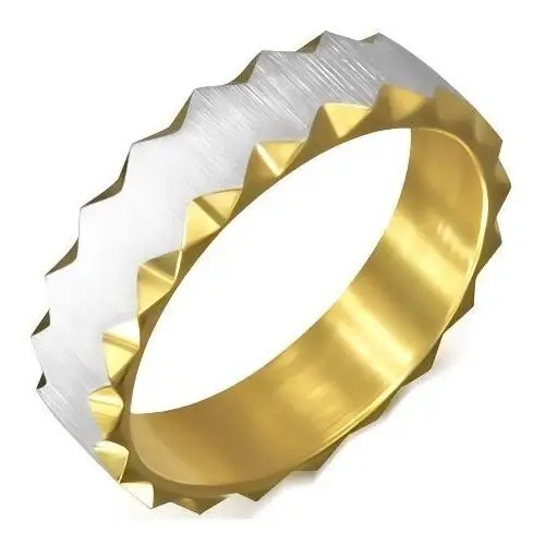 Stalowy pierścionek o złotym kolorze z satynowym pasem, trójkątne wcięcia - Rozmiar: 57, kolor żółty