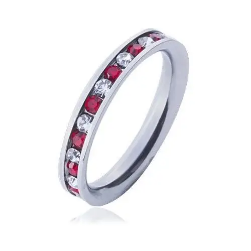 Stalowy pierścionek - obrączka, przeźroczyste i czerwone cyrkonie - Rozmiar: 54, kolor czerwony