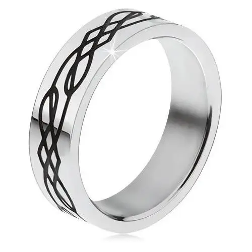 Stalowy pierścionek, równa powierzchnia, czarna pofalowana linia i romby - Rozmiar: 51