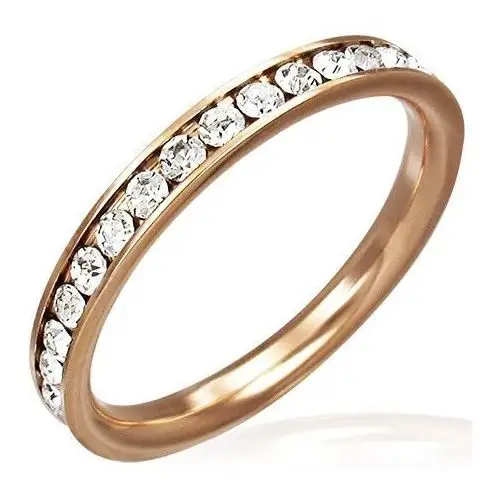 Biżuteria e-shop Stalowy pierścionek różowo-złotego koloru- przezroczyste cyrkonie wokół obwodu - rozmiar: 55
