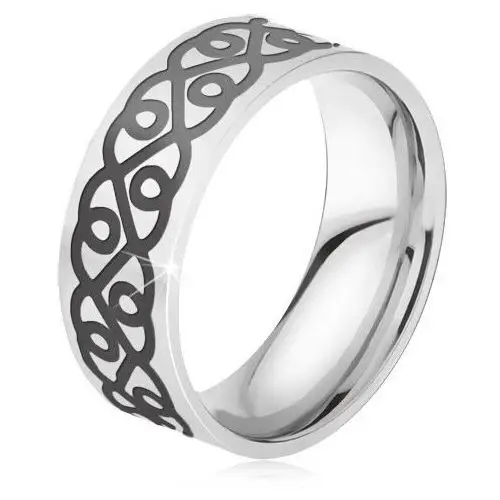Stalowy pierścionek - srebrna obrączka, gruby czarny ornament, serca - Rozmiar: 59