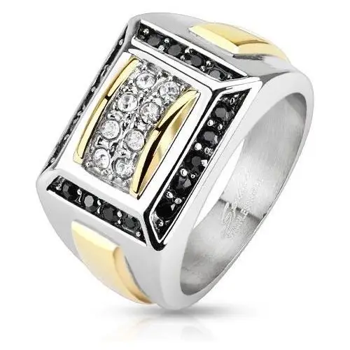Biżuteria e-shop Stalowy pierścionek srebrnego i złotego koloru, czarne i przezroczyste cyrkonie, prostokąty - rozmiar: 63