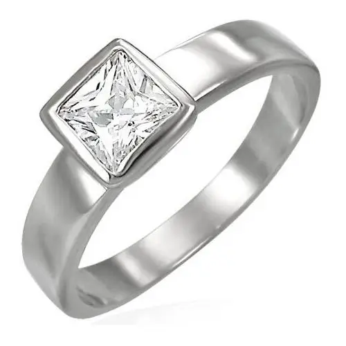Stalowy pierścionek srebrnego koloru, bezbarwna kwadratowa cyrkonia w oprawie - Rozmiar: 54, D18.19