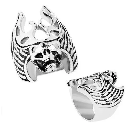 Biżuteria e-shop Stalowy pierścionek srebrnego koloru, czarna patyna, czaszka - poroże, skrzydła - rozmiar: 66