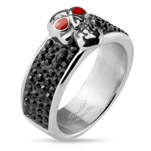 Stalowy pierścionek srebrnego koloru, czaszka z czerwonymi oczami, czarne cyrkonie - rozmiar: 67 Biżuteria e-shop