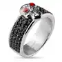 Stalowy pierścionek srebrnego koloru, czaszka z czerwonymi oczami, czarne cyrkonie - rozmiar: 62 Biżuteria e-shop Sklep