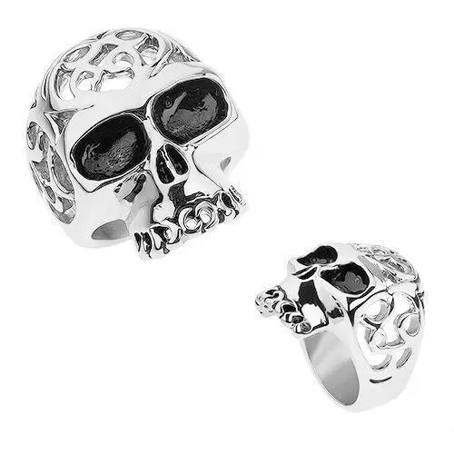Biżuteria e-shop Stalowy pierścionek srebrnego koloru, czaszka z ozdobnymi wycięciami - rozmiar: 63