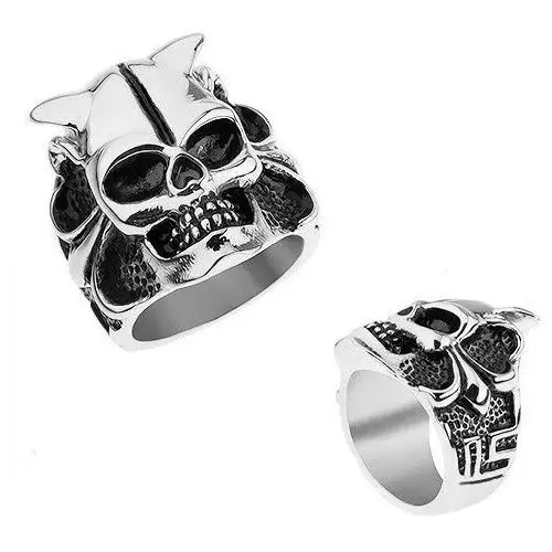 Biżuteria e-shop Stalowy pierścionek srebrnego koloru, czaszka z rogami, serce, kuleczki, kanciaste linie - rozmiar: 65