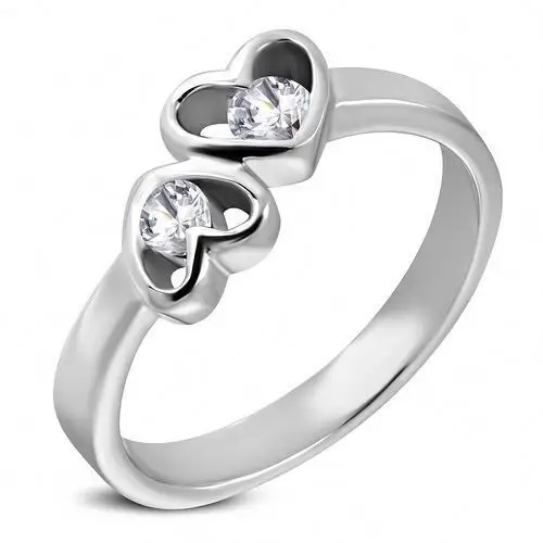 Stalowy pierścionek srebrnego koloru, dwa serca z bezbarwnymi cyrkoniami - Rozmiar: 54, kolor szary