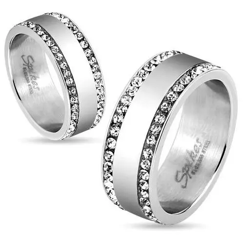 Biżuteria e-shop Stalowy pierścionek srebrnego koloru, krawędzie wyłożone przejrzystymi cyrkoniami, 8 mm - rozmiar: 67