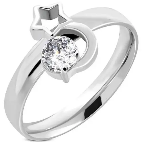 Biżuteria e-shop Stalowy pierścionek srebrnego koloru, księżyc, zarys gwiazdy i przezroczysta cyrkonia - rozmiar: 59
