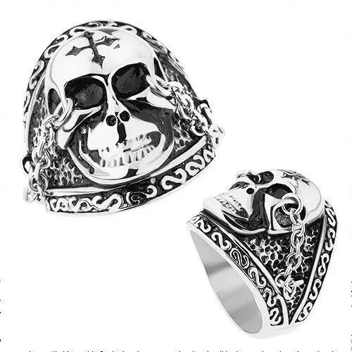 Stalowy pierścionek srebrnego koloru, lśniąca czaszka z krzyżem, łańcuszki, patyna - Rozmiar: 70, kolor szary