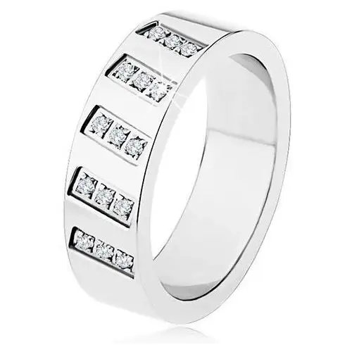 Biżuteria e-shop Stalowy pierścionek srebrnego koloru, lustrzany połysk, ukośne pasy z cyrkonii - rozmiar: 67