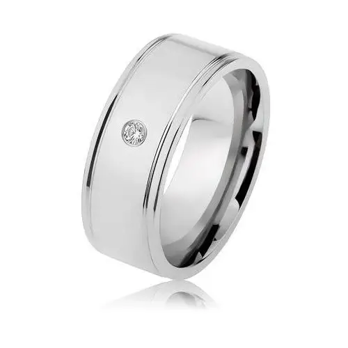 Biżuteria e-shop Stalowy pierścionek srebrnego koloru, lustrzany połysk, przezroczysta cyrkonia, nacięcia przy krawędziach - rozmiar: 70