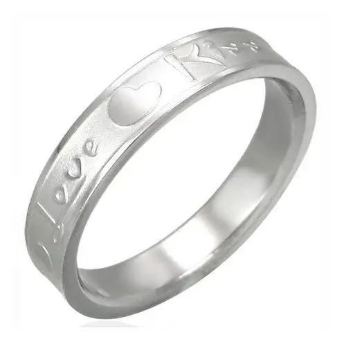 Stalowy pierścionek srebrnego koloru, matowy środek i lśniące krawędzie Love & Kiss - Rozmiar: 45, D9.12
