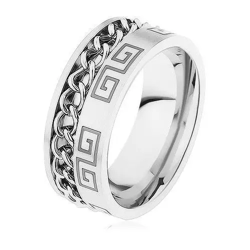 Stalowy pierścionek srebrnego koloru, nacięcie z łańcuszkiem, grecki klucz - Rozmiar: 67