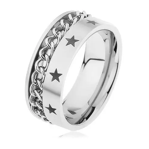 Stalowy pierścionek srebrnego koloru ozdobiony łańcuszkiem i gwiazdeczkami - Rozmiar: 62, HH10.2