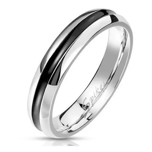 Stalowy pierścionek srebrnego koloru - pasek z czarną emalią, 4 mm - Rozmiar: 70, AB38.09