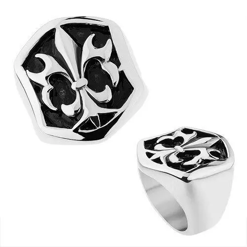 Biżuteria e-shop Stalowy pierścionek srebrnego koloru, sześciokątna ozdoba z patyną i fleur de lis - rozmiar: 65