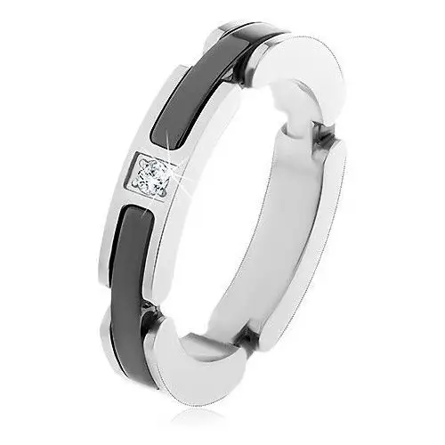 Biżuteria e-shop Stalowy pierścionek srebrnego koloru, wycięcia z ceramicznymi pasami, przezroczysta cyrkonia - rozmiar: 59