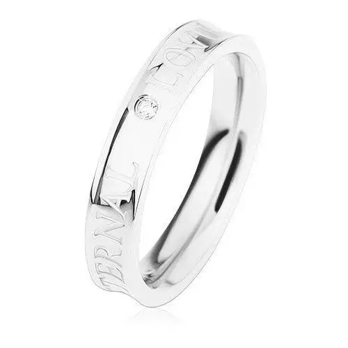 Stalowy pierścionek srebrnego koloru, wydrążony środek, przezroczysta cyrkonia, ETERNAL LOVE - Rozmiar: 59, HH12.1