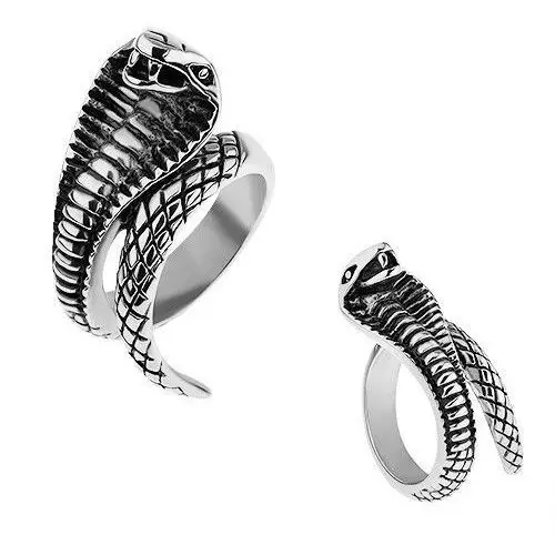 Stalowy pierścionek srebrnego koloru, wypukła patynowana kobra - Rozmiar: 68