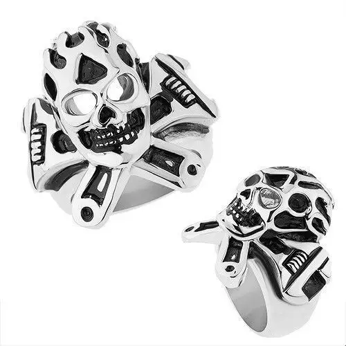 Stalowy pierścionek srebrnego koloru, wypukła patynowana czaszka, klucz francuski - rozmiar: 59 Biżuteria e-shop