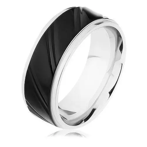 Stalowy pierścionek srebrnego koloru z czarnym pasem, ukośne nacięcia - Rozmiar: 60