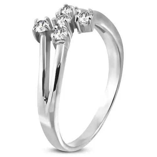 Biżuteria e-shop Stalowy pierścionek srebrnego koloru z pięcioma bezbarwnymi cyrkoniami - rozmiar: 59