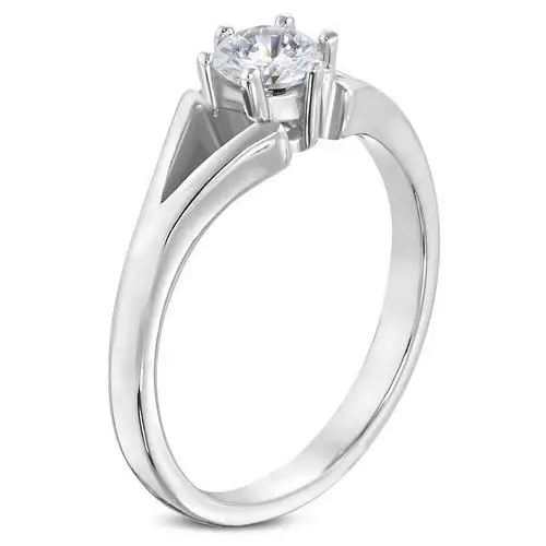 Stalowy pierścionek srebrnego koloru - zaręczynowy, rozdzielone ramiona, bezbarwna cyrkonia - Rozmiar: 52, D9.13
