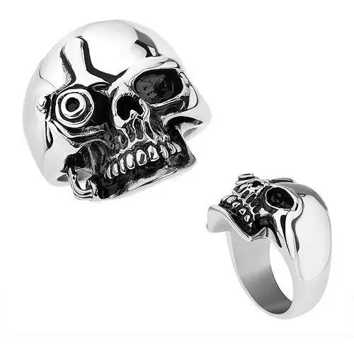 Stalowy pierścionek, srebrny kolor, lśniąca patynowana czaszka w stylu terminatora - rozmiar: 60 Biżuteria e-shop