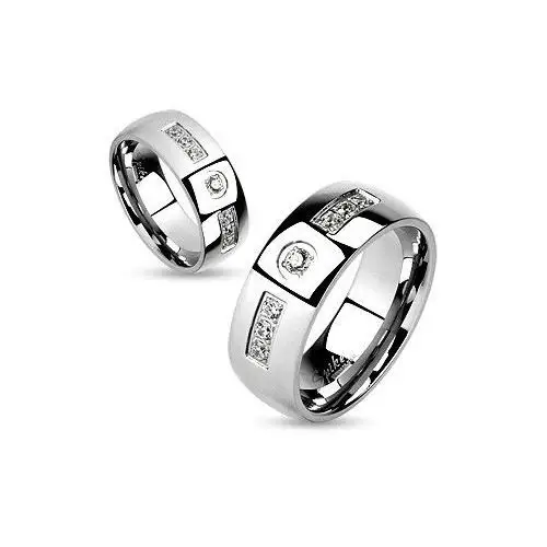 Stalowy pierścionek, srebrny kolor, lśniące gładkie ramiona, przejrzyste cyrkonie - Rozmiar: 62